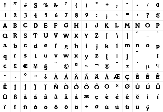 VeracruzSerial-Xbold Regular  glyph index