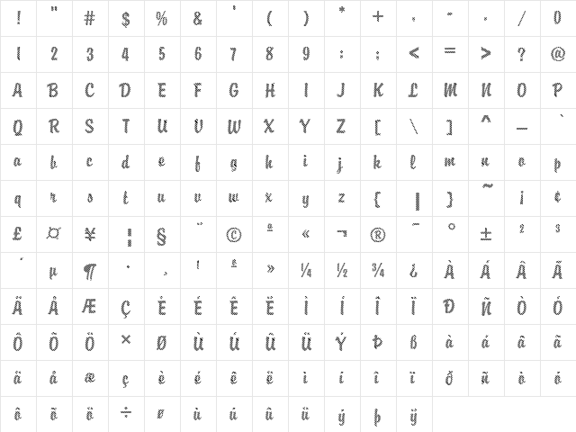 DTC Brody M03 Regular  glyph index