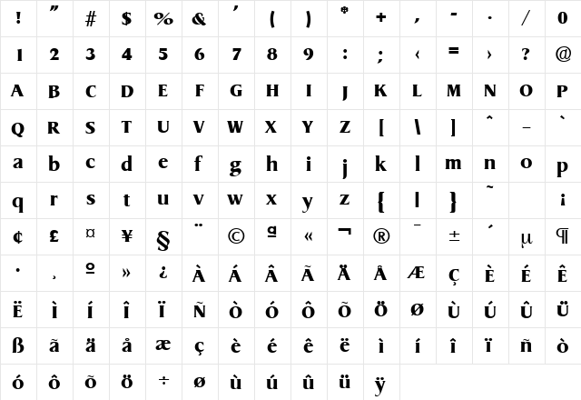 Dragon-Serial-Heavy Regular  glyph index