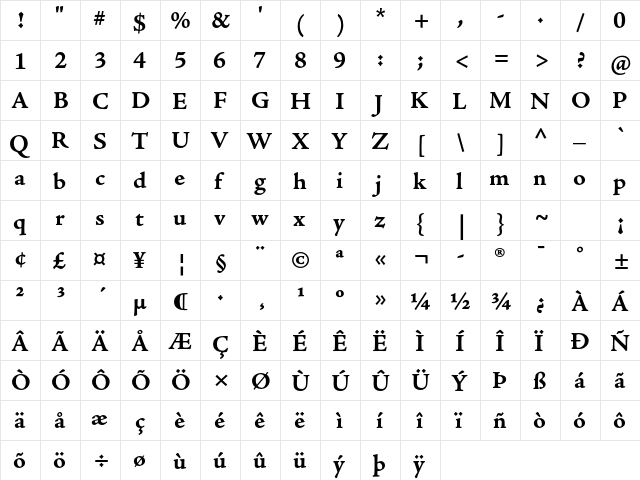 Adobe Jenson Pro Bold Caption  glyph index