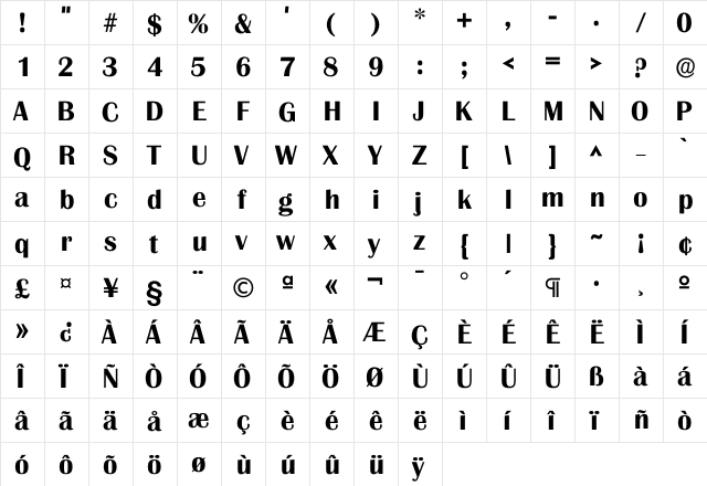 Grnoble Bold  glyph index