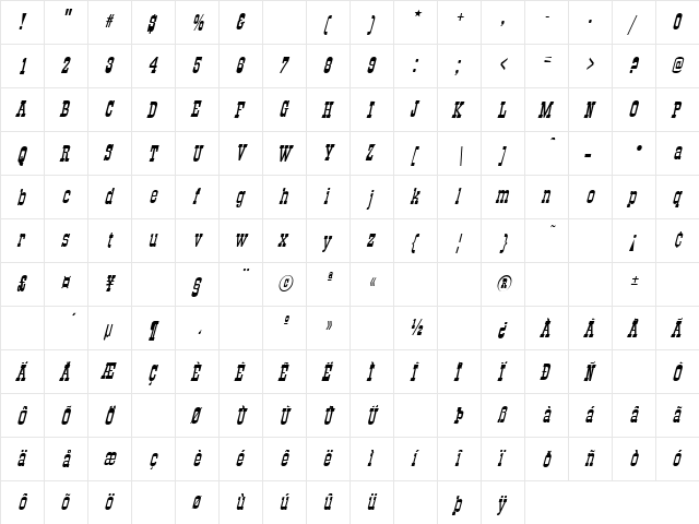All Night 10 Italic  glyph index