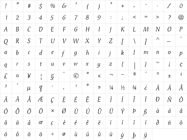 ClubTypeMercurius-Light LightItalic  glyph index