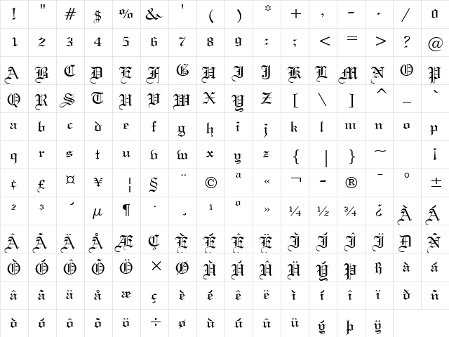 WeddingText BT Regular  glyph index