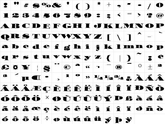 ITCOzwald Roman  glyph index