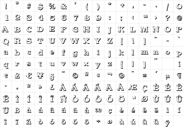 PenthouseShadow Bold  glyph index
