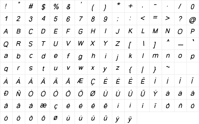 Gecade Italic  glyph index