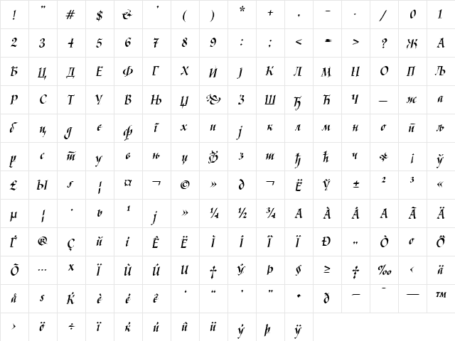 Kaligraf Cyr Regular  glyph index