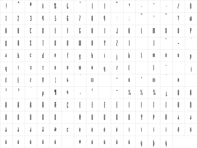 ModulaTall Regular  glyph index