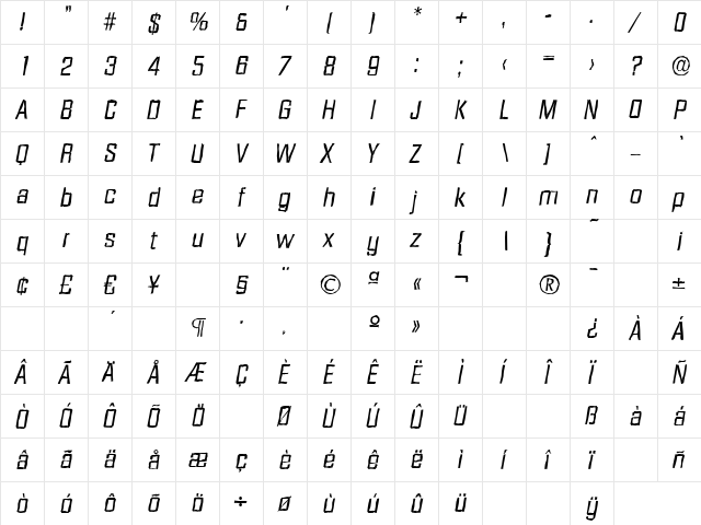 DiamanteAntique Italic  glyph index