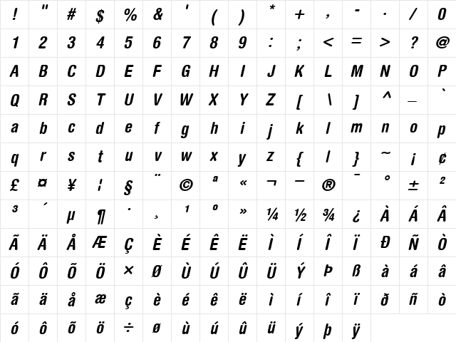 HelveticaRounded-Condensed BoldItalic  glyph index