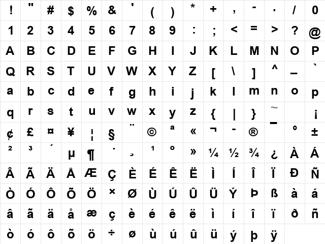 Arial Bold  glyph index