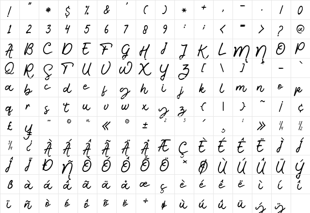 Black and blue Regular  glyph index