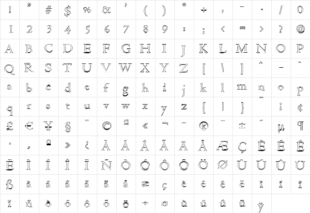 JohnBeckerOutline-Light Regular  glyph index
