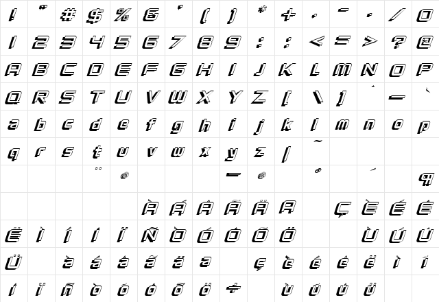 VentureShadowOblique Regular  glyph index