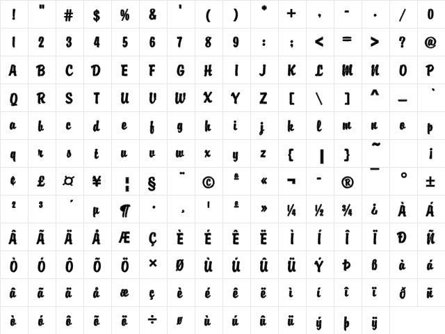 Brody40 Becker Regular  glyph index