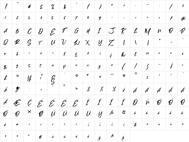 Aliva Brush Script Regular  glyph index