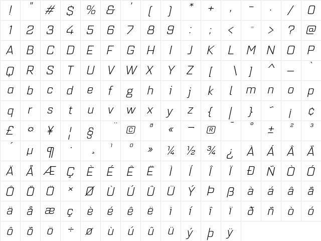 Quarca Ext Book Italic  glyph index