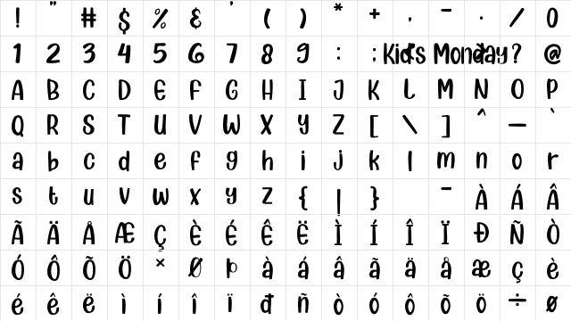 Kids Monday Regular  glyph index