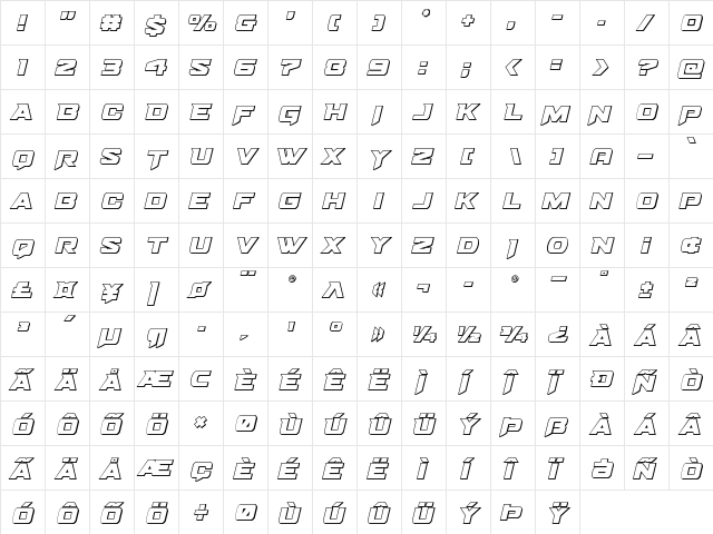 Bomber Escort Outline Italic Regular  glyph index