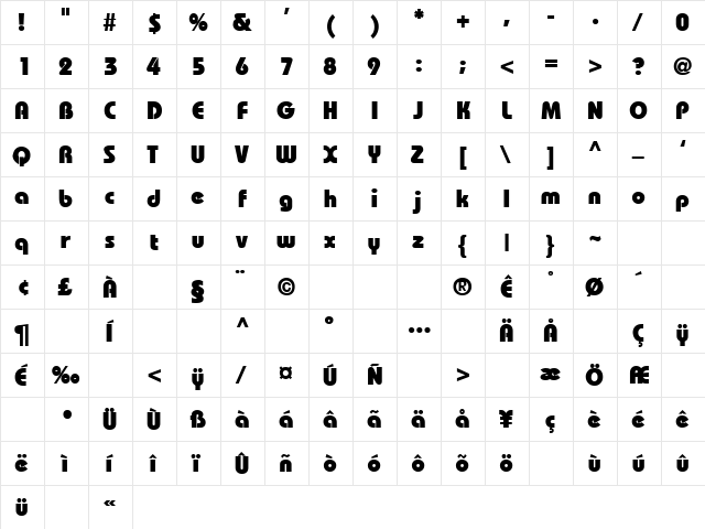 BauhausHeavyBold Regular  glyph index