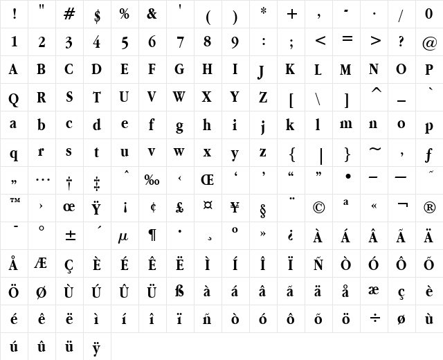 Apple Garamond BT Bold  glyph index