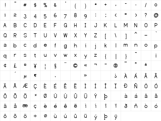 Dustismo Regular  glyph index