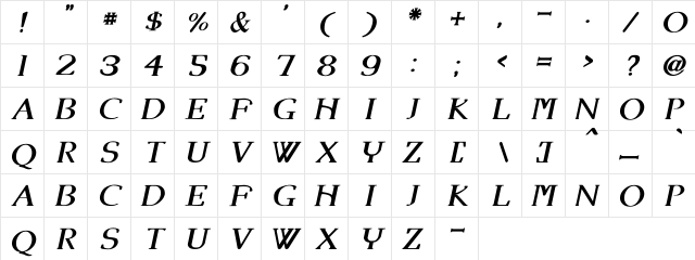 Angel Eyes Italic  glyph index