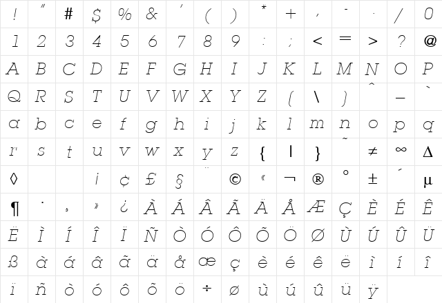 LubbersLight RegularItalic  glyph index