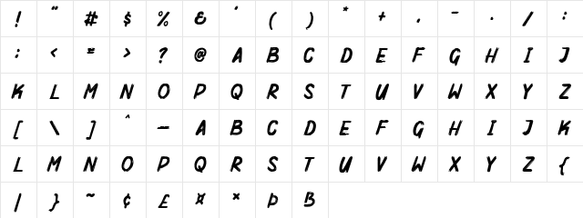 Mighty Brush Regular  glyph index