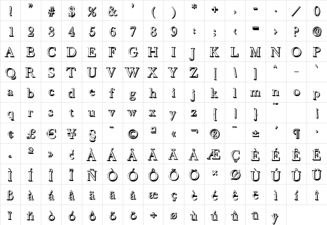 CrossBeckerShadow Regular  glyph index