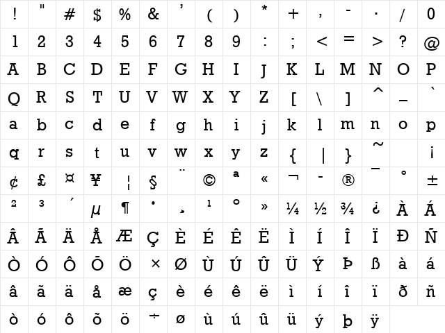 Rockland Regular  glyph index