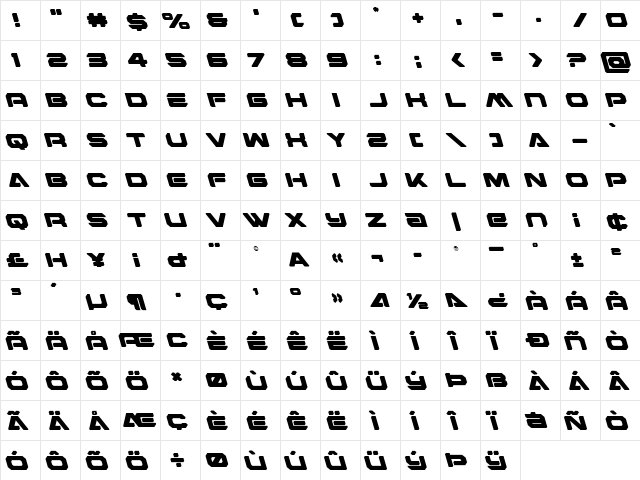 Hyper Viper Leftalic Italic  glyph index