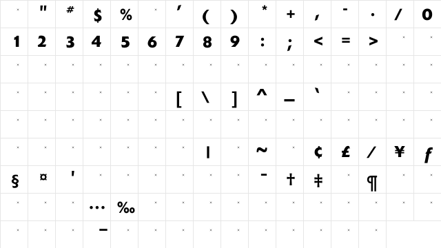 ExtensionBoldTab Regular  glyph index