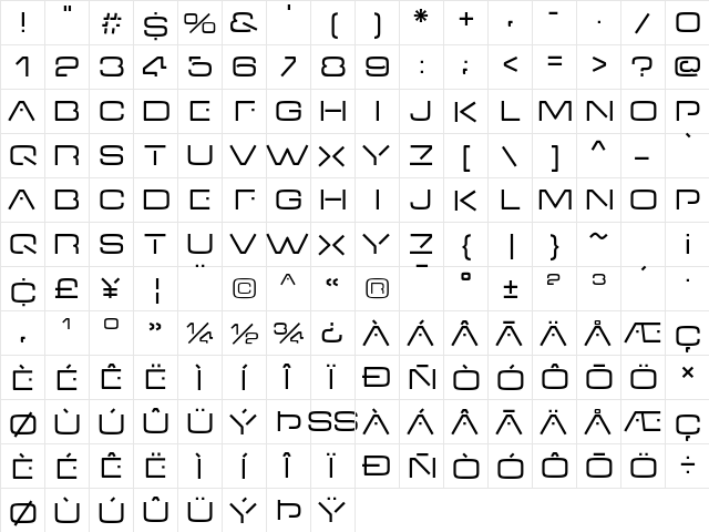 V Dub Regular  glyph index