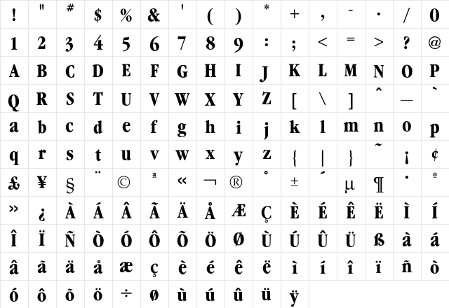 Garamond CondBold  glyph index