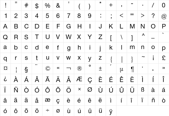 Neue Helvetica BQ Regular  glyph index