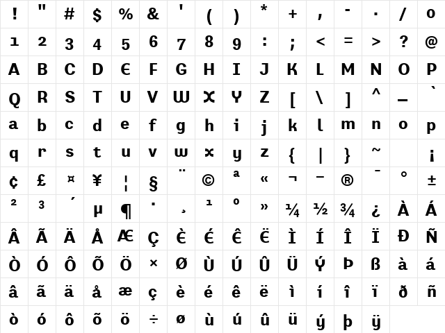Preface Bold  glyph index