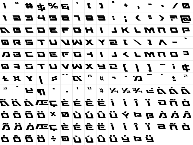 Wildcard Leftalic Italic  glyph index