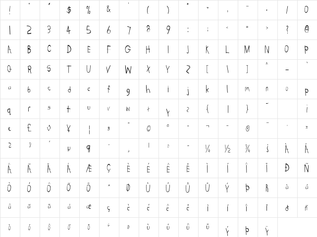 KidstuffCondensed Regular  glyph index