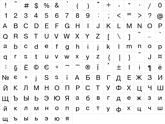 Geneve Regular  glyph index