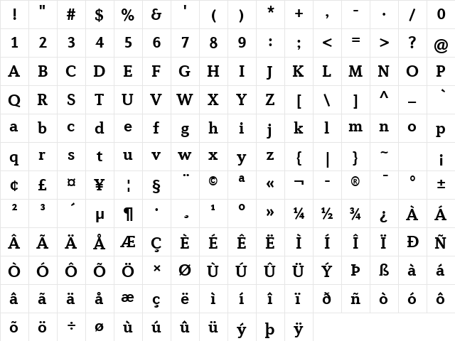 Diverda Serif Com Bold  glyph index