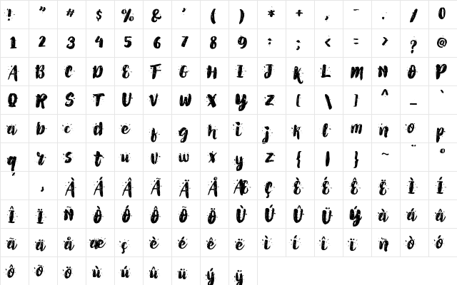 AlexDirte Brush Font Regular  glyph index