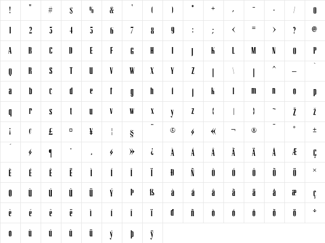 Skyline Regular  glyph index