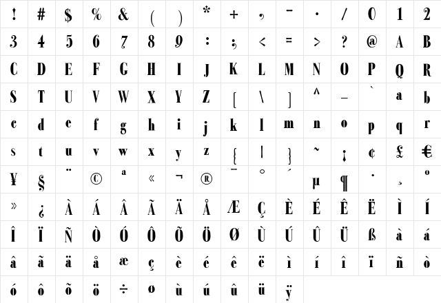 Bodoni Classic Condensed Plus Bold  glyph index