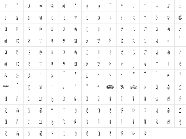 Charmling 3D Regular  glyph index