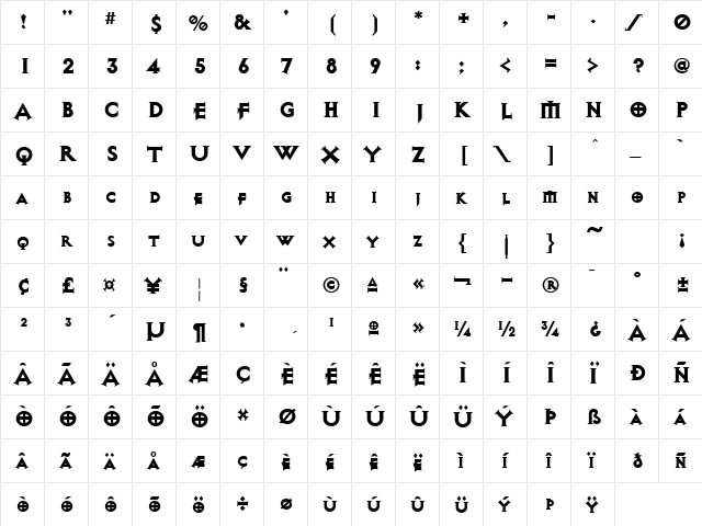 Avalon Quest Black Regular  glyph index