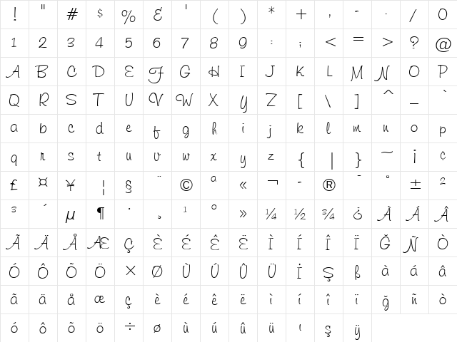 TR Freehand591 Regular  glyph index