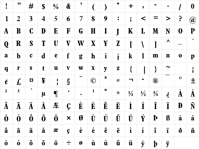 Plantin MT Bold Condensed Regular  glyph index