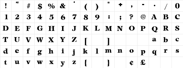 Peplum Normal  glyph index